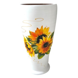 Vază ceramică albă cu floarea-soarelui și detaliu aurit, 30 cm, Marginea - Img 1