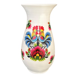 Vază ceramică cilindrică cu 2 cocoși și motive florale – 25 cm, obiect artizanal Bucovina, decor tradițional - Img 1
