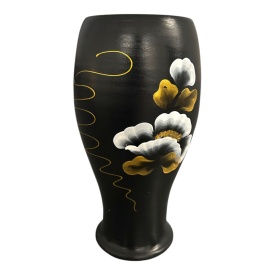 Vază ceramică Marginea pictată manual cu flori albe, 25 cm – autentică și semnată - Img 3