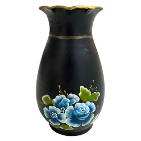 Vaza neagra, pictata manual, buchet de flori, albastru, moderna - Img 1