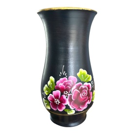 Vaza neagra, pictata manual, buchet de flori - Img 3