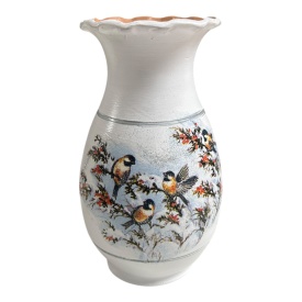 Vaza ceramica 25 cm, decorata manual, pasarele pe crengi ninse, tema iarna - Img 1