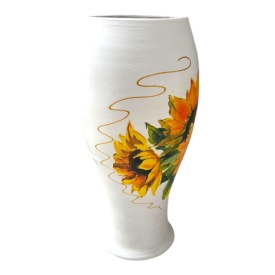 Vază ceramică albă cu floarea-soarelui și detalii aurii, lucrată manual la Marginea, 25 cm - Img 2