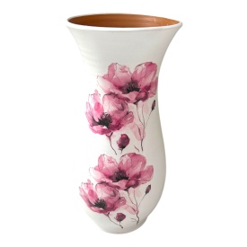 Vază ceramică albă cu maci roz, 30 cm, lucrată manual la Marginea - Img 2