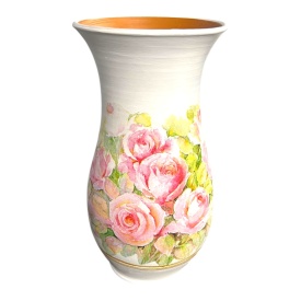 Vază ceramică albă Marginea cu trandafiri roz și detalii aurii, 25 cm - Img 1