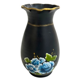 Vaza neagra, pictata manual, buchet de flori, albastru, moderna - Img 2