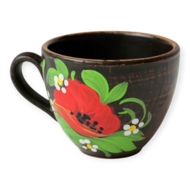 Cana din ceramica traditionala, 250 ml, pictata manual cu maci, rustica si autentica - Img 1