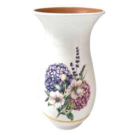 Vază ceramică albă cu liliac și detalii aurii, lucrată manual la Marginea, 25 cm - Img 1