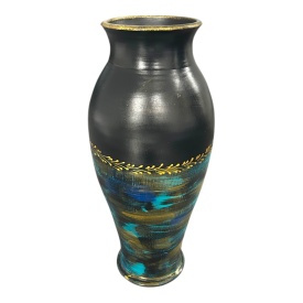 Vază ceramică înaltă, neagră, decorată manual cu auriu și turcoaz, 40 cm – Marginea, Bucovina - Img 1