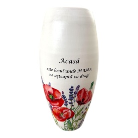 Vază decorativă albă cu maci și flori de câmp – 30 cm, mesaj Acasă este locul unde mama ne așteaptă cu drag - Img 1