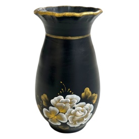 Vaza neagra, pictata manual, buchet de flori, auriu, moderna - Img 1
